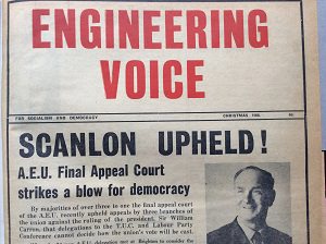 Cover of Engineering Voice announcing Hugh Scanlon's victory in the AEU Appeal Court