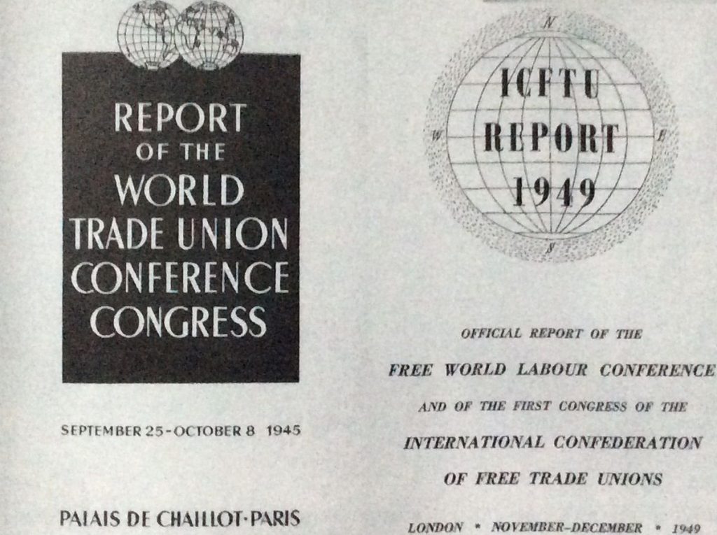Image of the cover of the report on the 1945 and 1949 World trade union meetings in Paris and London