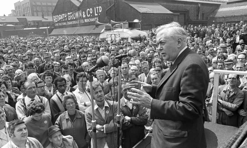 Prime Minister Harold Wilson addresses worker in Trafford Park 1970
